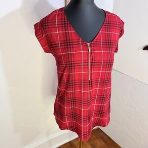 Express Womens Red Plaid Front Zip V Neck Work Blouse Size XS